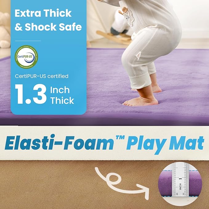 1.3" Thick Baby Play Mat for Floor, 28x72 Foam Tummy Time Mat, Padded Support Soft Plush Bedside Rugs for Infant Kids Toddler Crawling Kick Activity (Lavender)