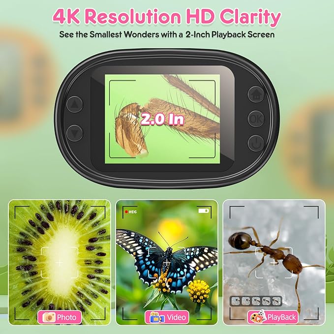 1000X Handheld Microscope for Kids 4K 2.0" Screen Rechargeable Mini Pocket Digital Microscopes w/Slides Kit Portable Edu Gift Age 4-6 8-12 Children Students (Pink)