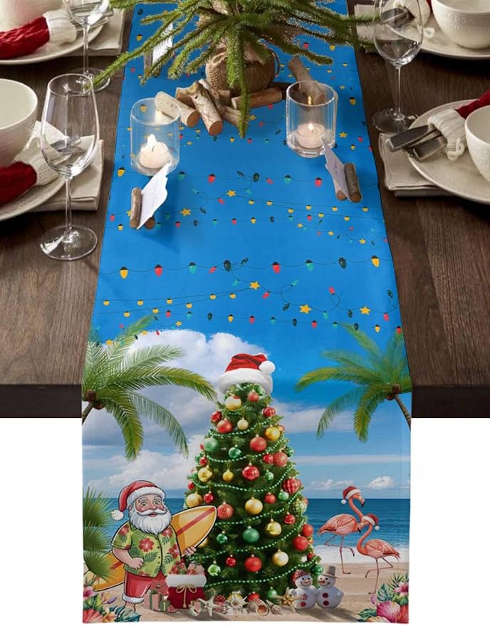 Coastal Christmas Table Runner 48 Inches Long, Xmas Tree Santa Beach Table by Unknown