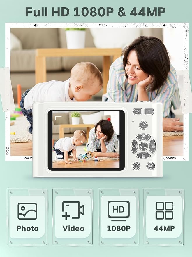 Digital Kids Camera 1080P Vlog Camera with 64GB, Lanyard, 16X Zoom Anti Shake, Card Reader 44MP Compact Portable Point Shoot Digicam for Kid Teen Girl Boy Christmas Halloween Thanksgiving