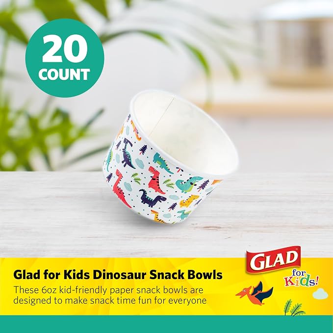 Glad for Kids Mini Disposable Paper Bowls, 6 Oz, colorful dino design, no lids - Image 2