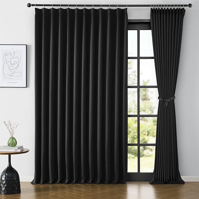 KEQIAOSUOCAI 80 Inch Wide Black Pinch Pleated Curtains 80 x 102, Thermal Insulated Noise Cancelling Living Room Office Drapes 102 Inches Long, Patio Sliding Glass Door Window Curtain 2 Panels