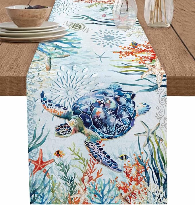 Sea Turtle Coastal Table Runners 90 Inches Long, Summer Beach Coral Table by Unknown