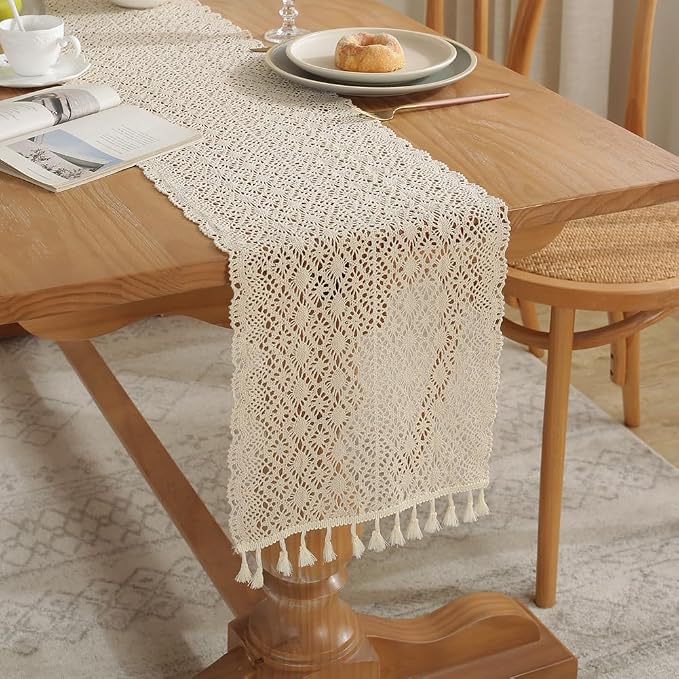 meioro Crochet Lace Table Runner, 12x72 Inch Boho Cotton Table Runners by meioro