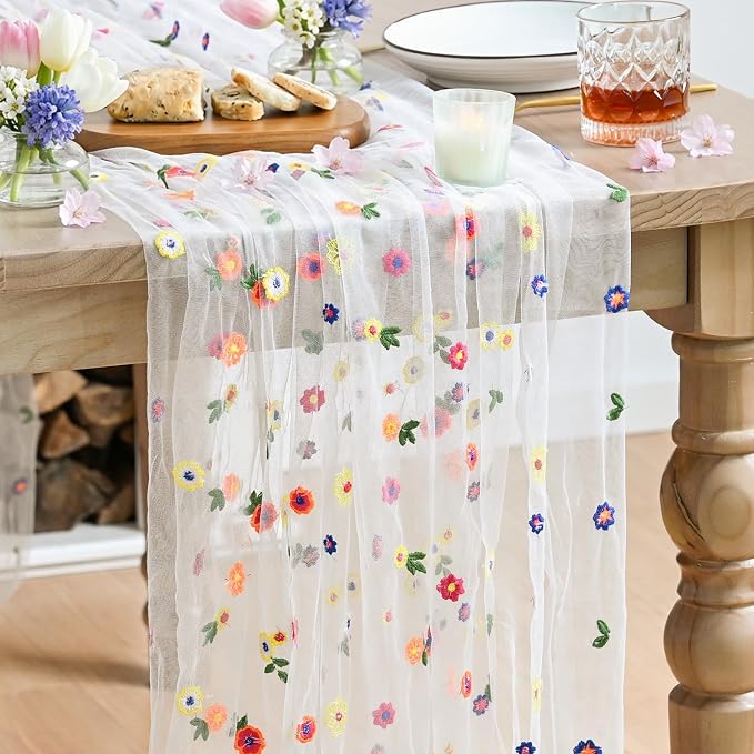 Artoid Mode Embroidery Daisy Gauze Table Runner 120 Inch 10FT | Seasonal Sheer by ArtoidMode