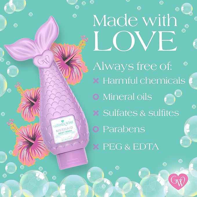 Glimmer Wish Mermaid Kids Body Wash, Gentle Cleanser and Moisturizing Sulfate Free Body Wash, Skin Care for Kids, Tropical Beach Scent, 12 Fl Oz