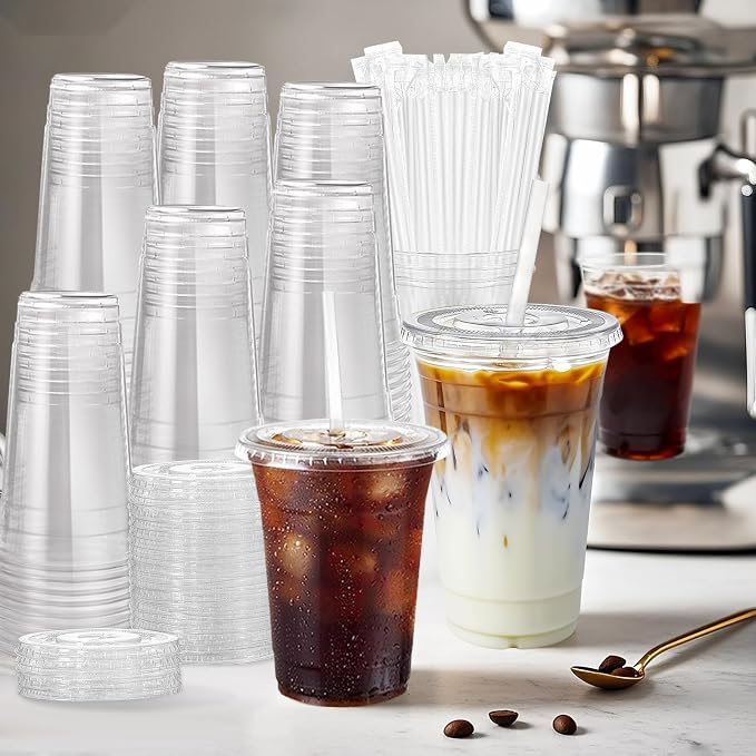 16oz 50 Pack Plastic Cups with Lids and Straws | Cold Drinking Disposable Cups - Image 9