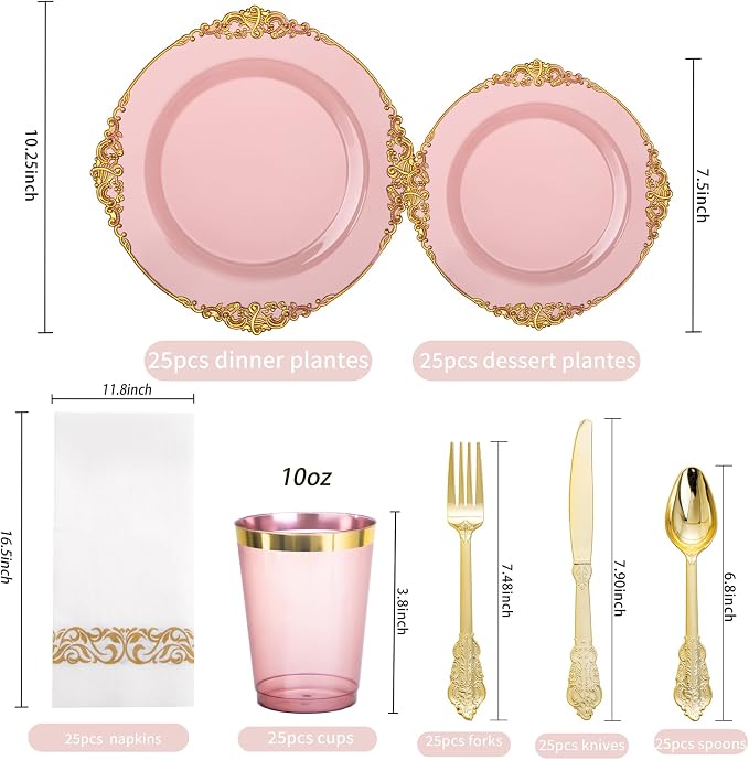 175 Pcs Burgundy Gold Plates for Party | Burgundy Party Plates Set for 25 Guests - Image 7