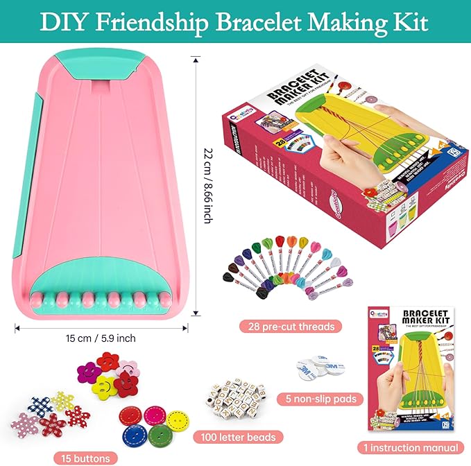 Friendship Bracelet Making Kit for Girls, Arts and Crafts Bracelets String Maker Kit for Kids Ages 8-12 Christmas Birthday Gifts (Pink with Green)