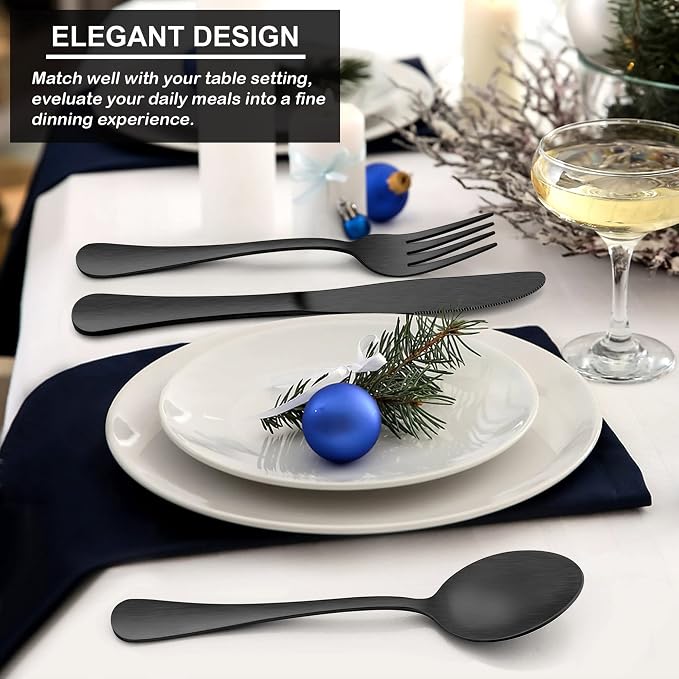 LIANYU 40 Piece Matte Black Silverware Set, Stainless Steel Black Flatware - Image 3