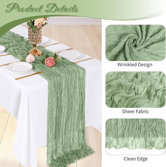 3 Pack Sage Green Cheesecloth Table Runner, 17 x 108 inch, Semi Sheer Boho - Image 4