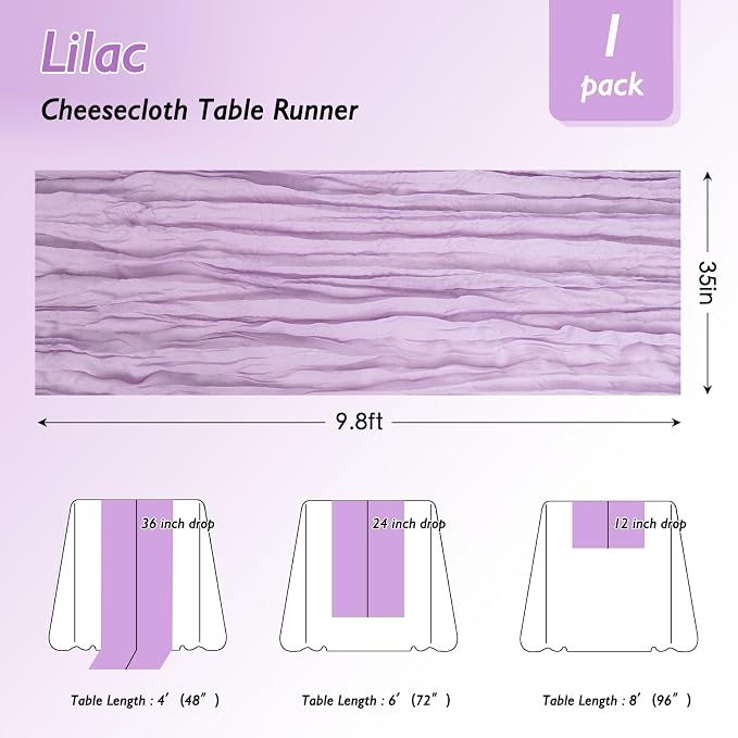 6 Pack Lilac Purple Cheesecloth Table Runner 120 Inch Boho Wedding Decor | - Image 2