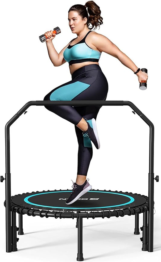 BCAN 40"/48" Mini Rebounder Trampoline for Adults with Bar, 450/550LBS Fitness Trampoline with Bungees, Adjustable Handle, Stable & Quiet, Indoor Outdoor, Whole-Body Workout & Relaxation at Home