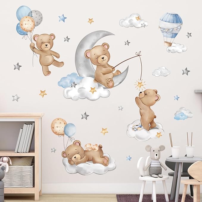 decalmile Bear Sleeping on The Moon Wall Decals Hot Air Balloon Animals Clouds Wall Stickers Baby Nursery Kids Bedroom Playroom Wall Decor