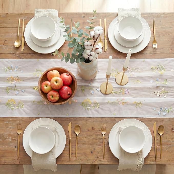 Artoid Mode 6PC Wildflower Floral Milky White Gauze Embroidery Table Runner 120 - Image 5