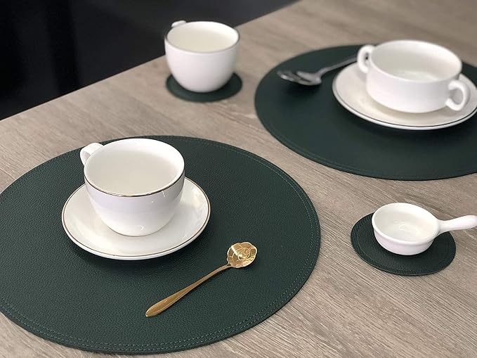 Set of 6 Faux Leather Round Placemats and Coasters, Disko Table Mats and Drink - Image 3