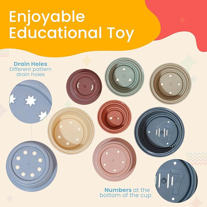 Stacking Cups Baby Toy Educational Cup Stacking Set 8-Pc Stackable Cups with Number Rainbow Nesting Cups for Babies 6-12 Months Stacking Cups for Toddlers 1-3 Perfect for Indoor/Outdoor