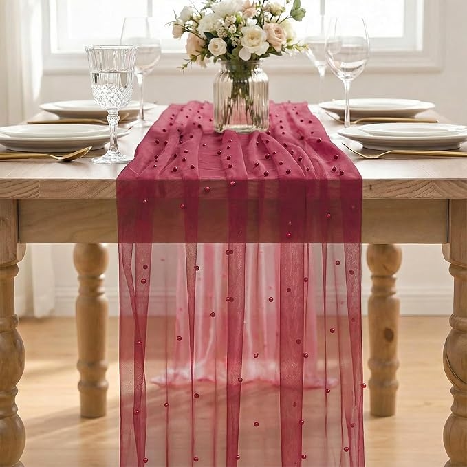 Artoid Mode 3PCS Pearl Burgundy Gauze Table Runner 120 Inch 10FT, Seasonal - Image 2
