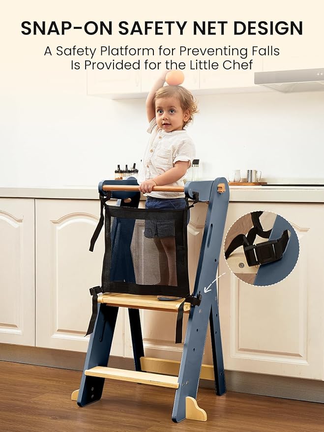 GROWNSY Foldable Step Stool Toddler Tower, Toddler Kitchen Stool Helper, Collapsible Kids Standing Learning Tower with 3 Adjustable Heights and Safety Net for Kitchen Bathroom Sink Counter (Blue Gray)