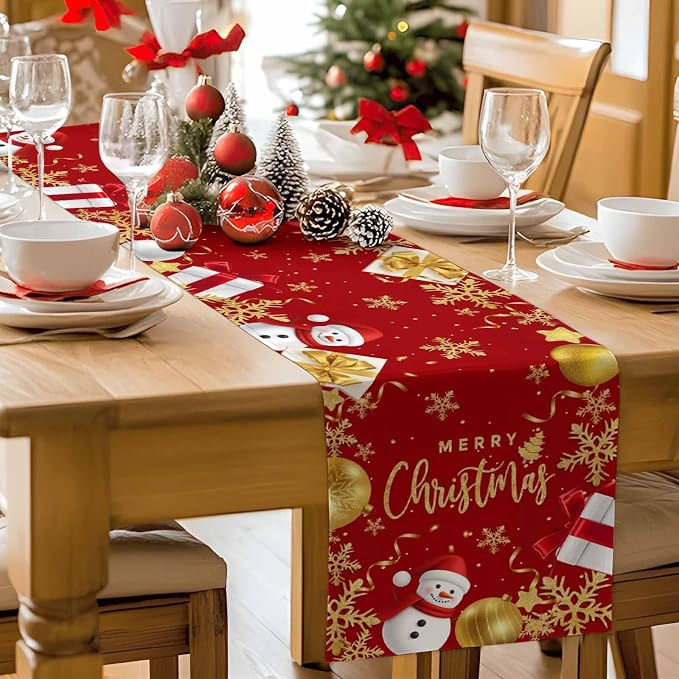 Merry Christmas Table Runner 120 Inches Long, Xmas Balls Snowman Snowflake - Image 9