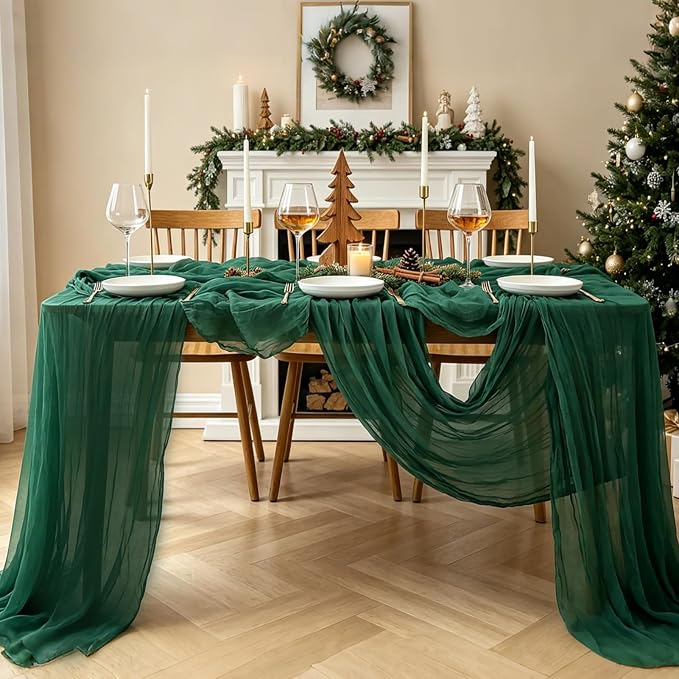 3Pcs Christmas Table Runner, 10FT Cheesecloth Emerald Green Table Runners - Image 8