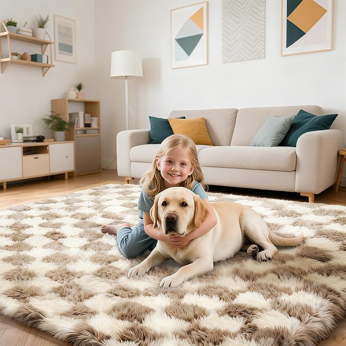 Checkered Rug for Living Room, 9x12 Beige and White Area Rugs, Classic - Image 5