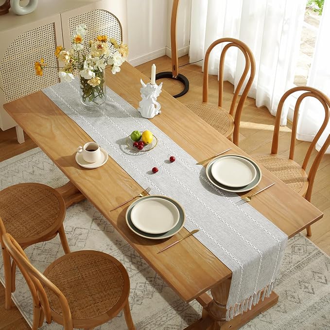 Wracra Rustic Linen Table Runner, Light Grey Table Runners 90 inches Long | - Image 6