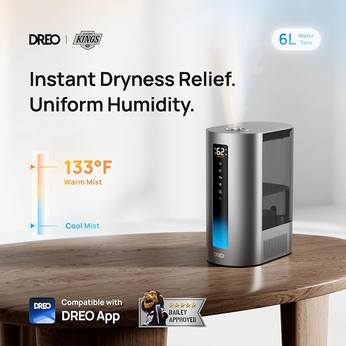 Dreo 6L Humidifiers for Bedroom, Smart Warm & Cool Mist for Large Room, 60Hr Quiet Runtime for Baby, Plant, Humidity Sensor, Indicator Light, 12H Timer, Google/Alexa, HM713S