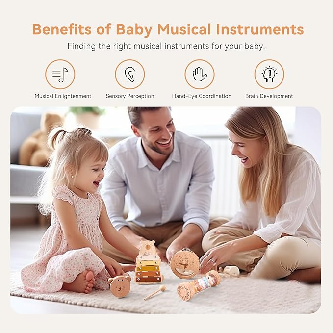IEATFO Baby Musical Instruments - Your Child's First Musical Toys with Castanet Rainmaker Tambourine Xylophone - Baby Friendly Design Wooden Instruments Set Grow with Your Boys and Girls