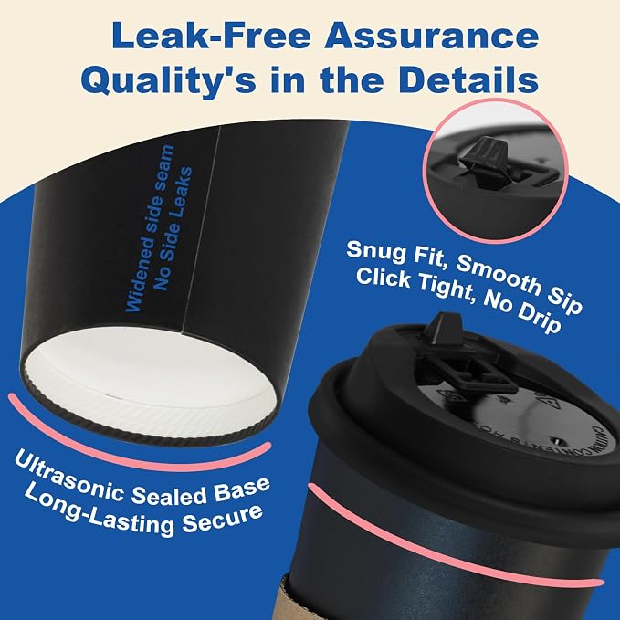 16 oz 50 Pack Coffee Cups with Lids and Sleeves, Hot Disposable To Go Travel - Image 4