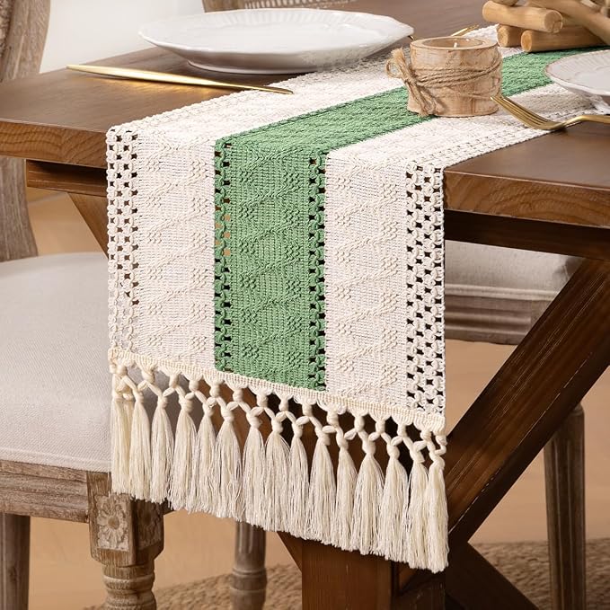 DeZerlor Ivory&Sage Green Boho Macrame Farmhouse Woven Table Runner 60Inch | by DeZerlor