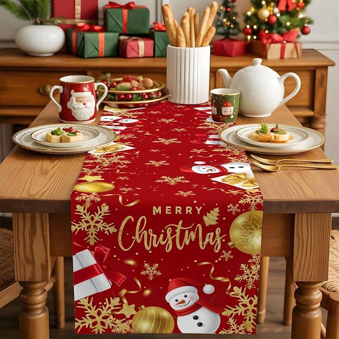 Merry Christmas Table Runner 120 Inches Long, Xmas Balls Snowman Snowflake - Image 5