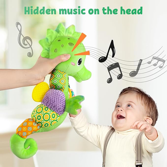 LIGHTDESIRE Baby Toys Musical Seahorse,Infant Stuffed Animal Toys with Crinkle and Rattles,Soft Sensory Toys with Textures for Tummy Time Newborn Boys Girls 0 3 6 12 Months(Green)