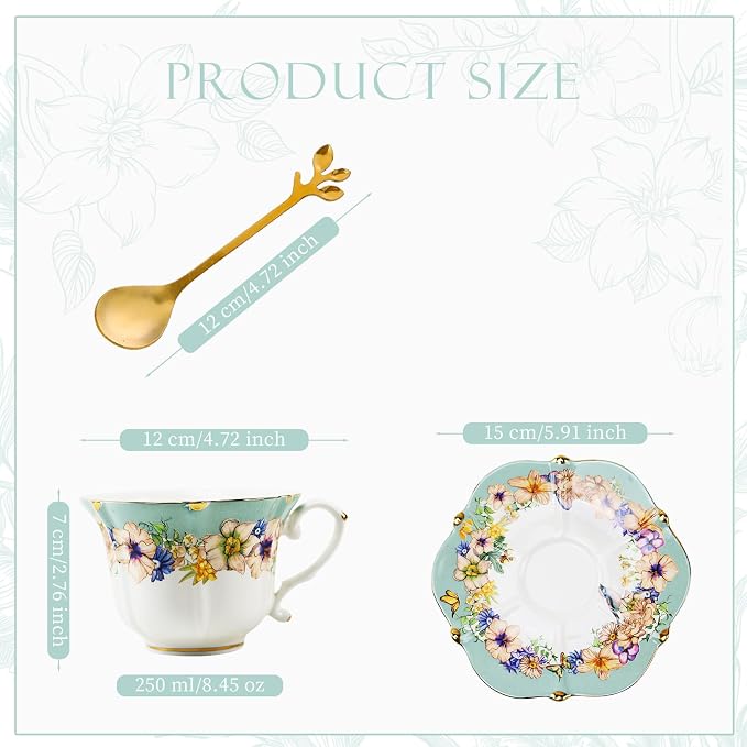 TATSUMI Country Roses Bone China Tea Cup and Saucer Set, 6 Pieces, Vintage Style - Image 3