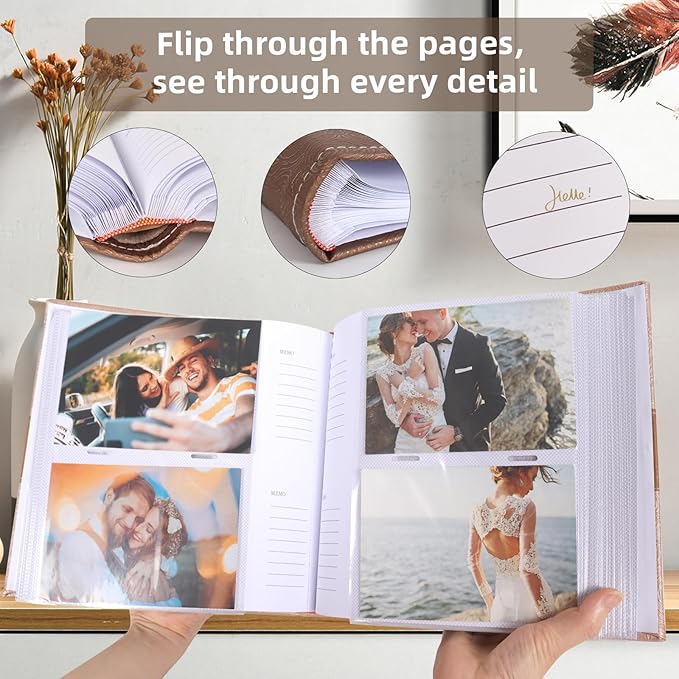 RECUTMS Photo Album 4x6 200 Photos with Writing Space Photo Book,Leather Cover Picture Album with Memo Areas for Wedding Anniversary Family Baby Couple Valentines Graduation Travel (Light Coffee)
