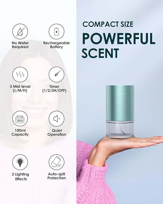 Essential Oil Diffuser Waterless Aromatherapy Diffusers for Home Large Room, Bedroom, Car, Office, Desk, Battery Operated, Small Diffuser for Pure Scent, 100mL Capacity, AN9 (Mint)