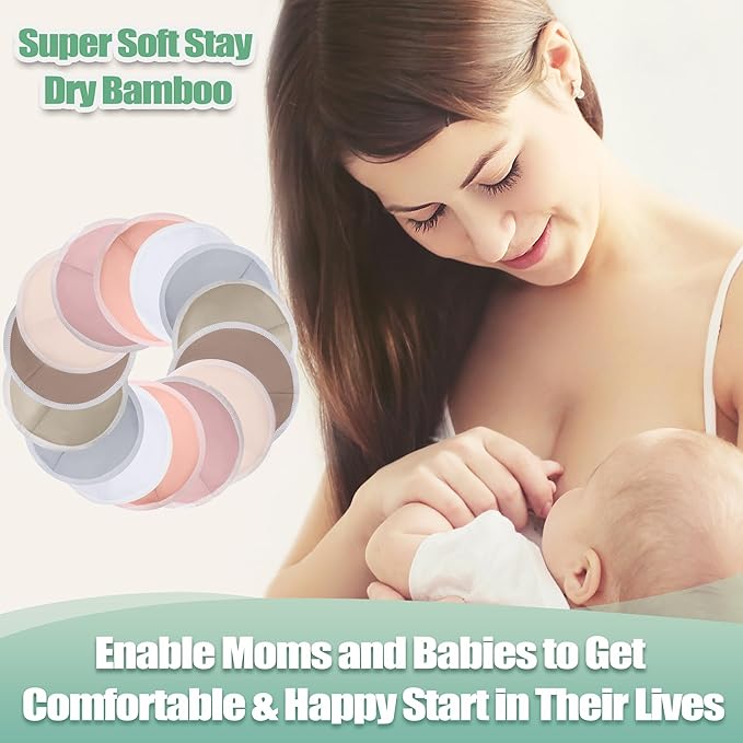 wegreeco Nursing Breast Pads (14 Pack) + Laundry Bag & Travel Storage Bag, 4.7 inch - Washable & Reusable Breastfeeding Nursing Pads (Mild, Large, Contoured Shape)