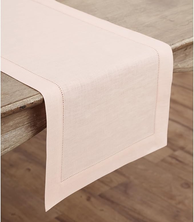 Solino Home 100% Pure Linen Dining Table Runner Pink Hemstitch, 14 x 144 in | - Image 2