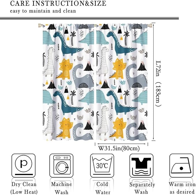 Kids Dinosaur Curtains for Boy Girl Bedroom Decor Cartoon Dino Colorful Cute Funny Wildlife Animal Printed Blackout Rod Pocket Window Drapes for Baby Nursery Playroom Living Room W31.5xL72in 2 Panels