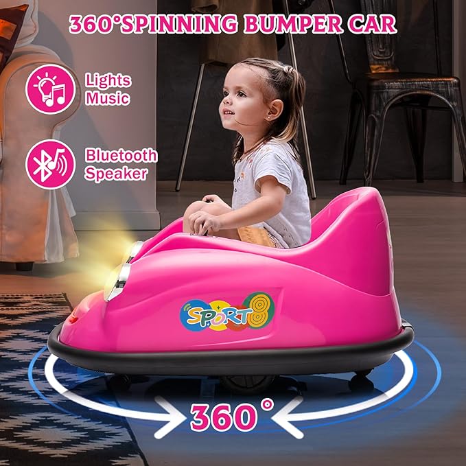 12V Bumper Car for Toddlers, Electric Toy Ride on Battery Car with Kids W/Parent Remote Control, 2-Speed, 360 Degree Spin, Music & LED Lights for Kids, Pink