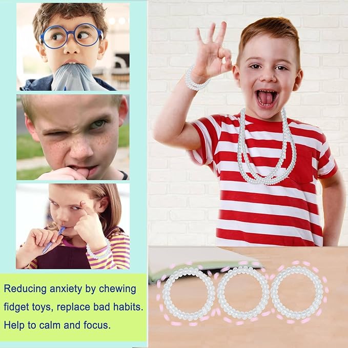 Chew Necklaces for Sensory Kids, 12 Pcs Clear Coil Chewy Necklaces Stretchy Bracelet for Boys Girls with Autism ADHD SPD,Oral Motor Chewable Necklace Reduce Anxiety and Fidgeting Stress