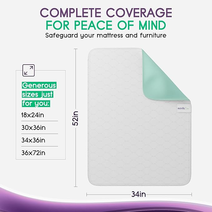 Incontinence Bed Pads - Reusable Waterproof Underpad Chair, Sofa and Mattress Protectors - Highly Absorbent, Machine Washable - for Children, Pets and Seniors (34x52 (Pack of 2), Green)