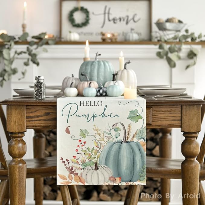 Artoid Mode 210 GSM Fall Table Runner 13x48 Inch Home Party Decor | Aqua Hello - Image 2