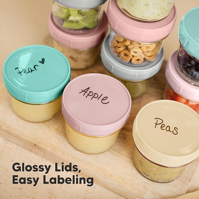 KeaBabies 12pk 4oz Glass Baby Food Containers with Lids - Leak-Proof, Microwavable Small Glass Jars, Baby Purees & Toddler Snack Storage Containers, BPA-Free, Dishwasher & Freezer Safe (Pastels)
