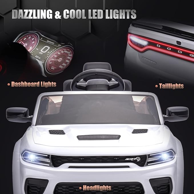 12V 7Ah Kids Electric Ride on Car, Licensed Dodge Charger SRT Hellcat, Battery Powered 4-Wheels Toy Car Electric Vehicle for Kids with Remote Control, 3 Speeds, LED Lights, Music (White)