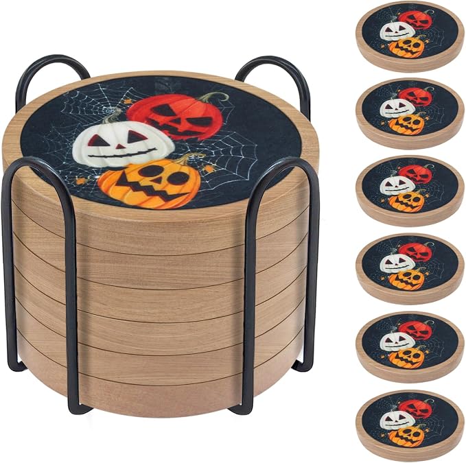 Halloween Coasters Set of 6, Pumpkins Coaster, Minacun Black Absorbent Coasters by Unknown