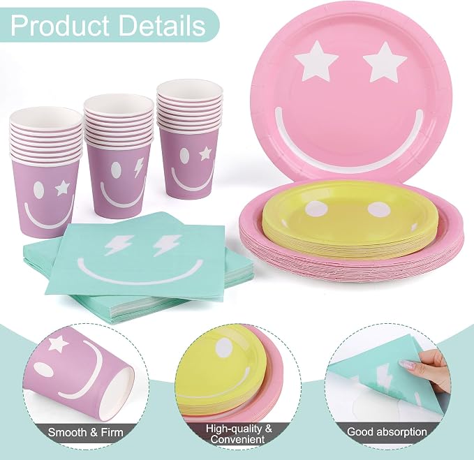 Kochorie 96 Piece Preppy Smiley Face Party Paper Plates Preppy Smile Face Party - Image 3