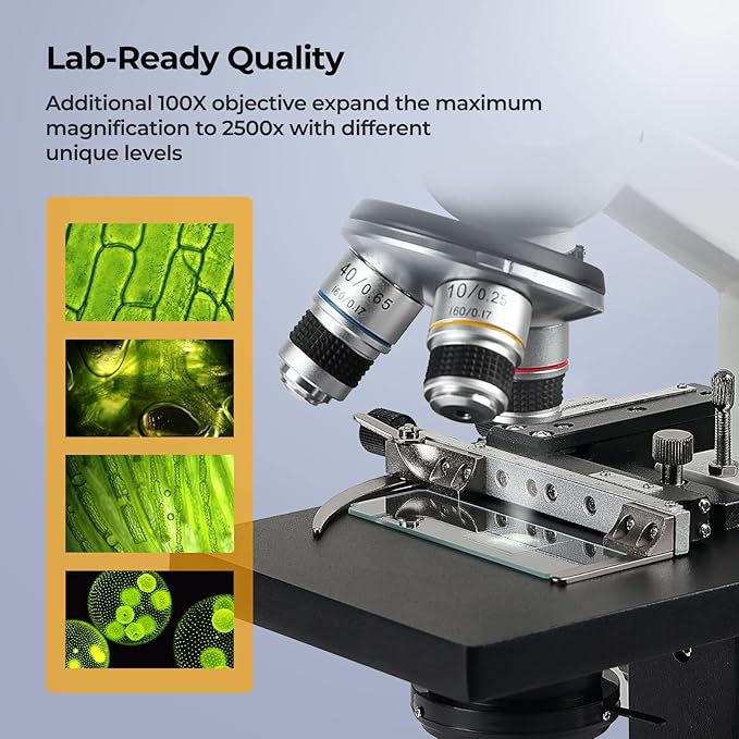 Dual-View Lab Compound Monocular Microscope 40X-2500X Magnification with 7" LCD Display, Wide-Field 4X/10X/40X(s)/100X(Spring Oil) Eyepieces, Adjustable Mechanical Stage, Aluminum Carry Box
