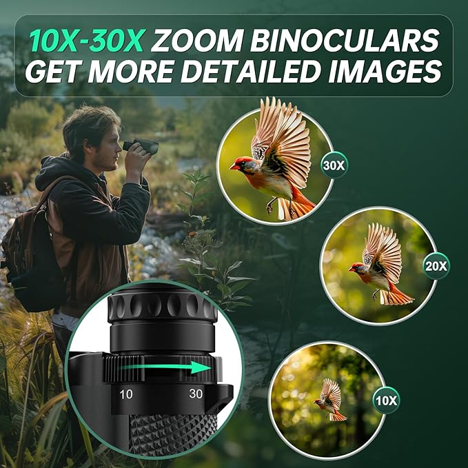 10-30x25 Small Compact Binoculars for Adults - WOZEL High Powered Zoom Binoculars for Bird Watching Hunting Hiking Travel Sports - Lightweight Binocular with Large & Bright Field of View for Kids