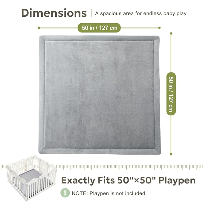 Ultra Soft 1.3" Thick Baby Play Mat for Floor, Large Velvet 50x50 Playpen Mat, Baby-Safe & Non-Slip Tummy Time Mat, Crawling Mat for Babies, Toddlers, Infants, Kids, Easy Care, 50"x50", Gray